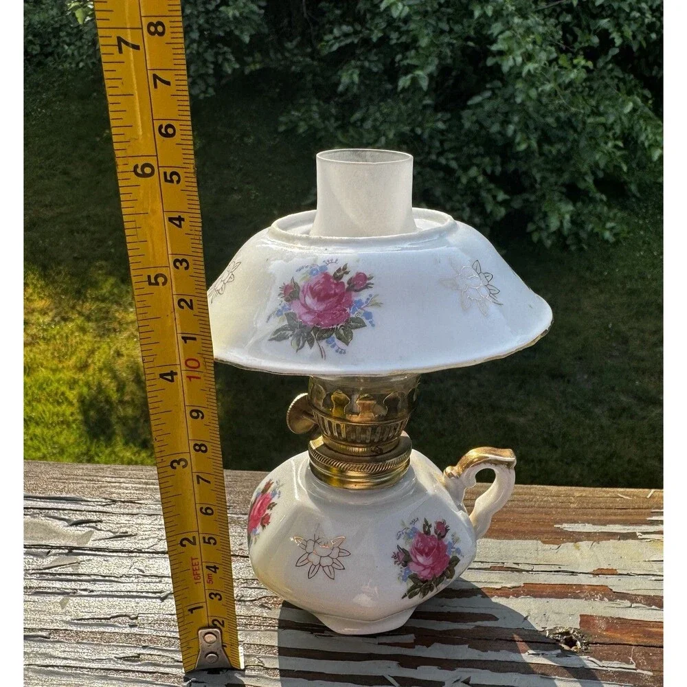 Vintage Miniature Porcelain Oil Lamp Pink Rose Floral Gold Trim Cottagecore